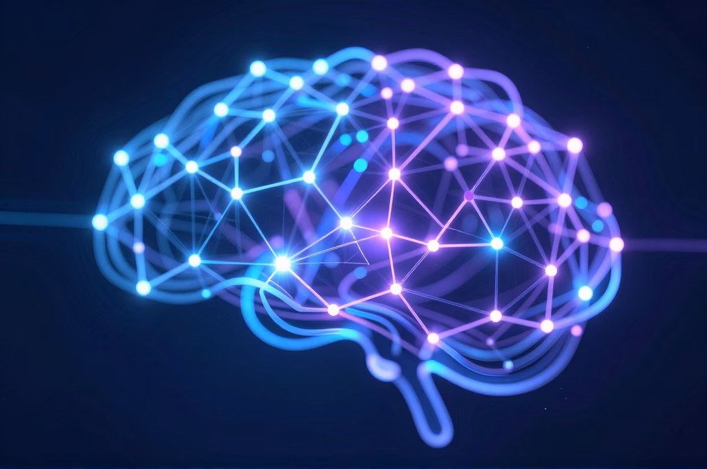 Reseau neuronal lumineux abstrait representant l'intelligence artificielle appliquee a l'analytics web