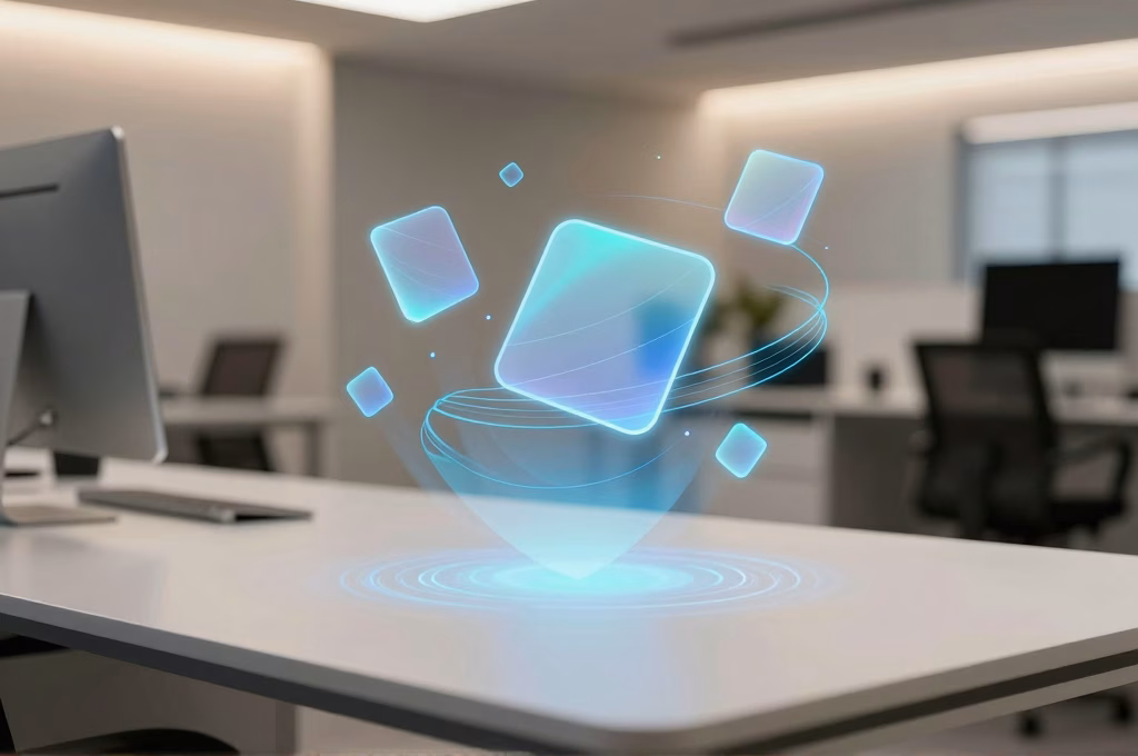 Espace de travail moderne avec visualisations holographiques representant l'automatisation par chatbot IA