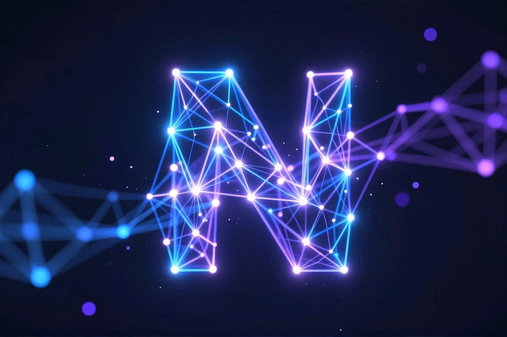 Reseau neuronal artificiel avec noeuds lumineux connectes illustrant le fonctionnement d'un chatbot IA