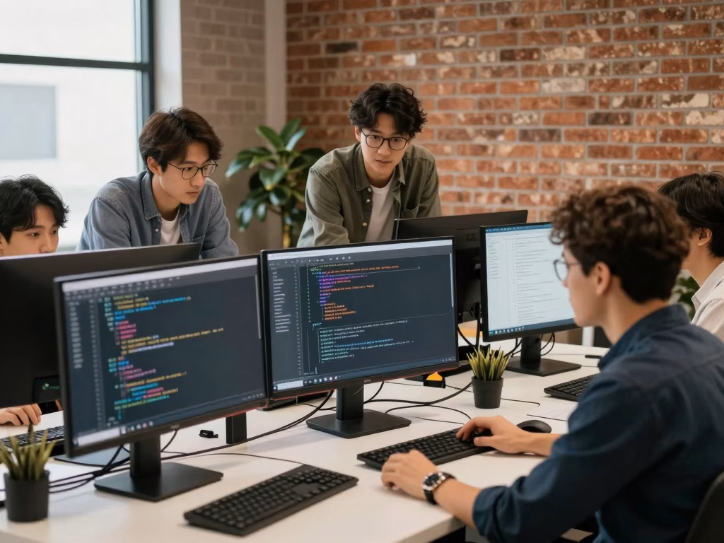 Équipe de développeurs collaborant sur un projet d'application web en méthodologie agile