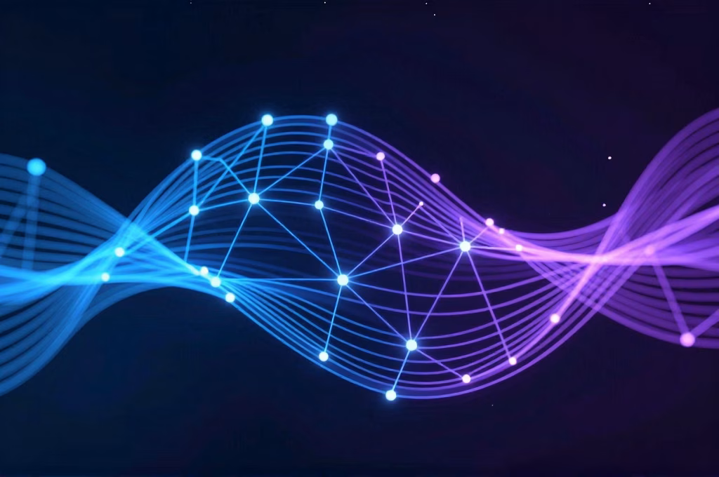 Architecture digitale d'une application web avec noeuds interconnectes et flux de donnees