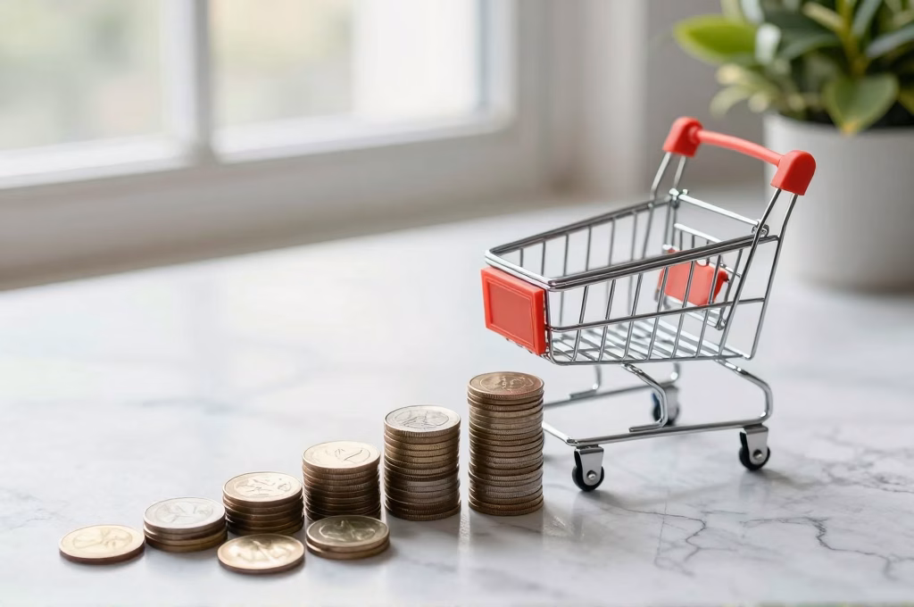 Concept de croissance e-commerce avec chariot miniature et pieces de monnaie empilees sur bureau