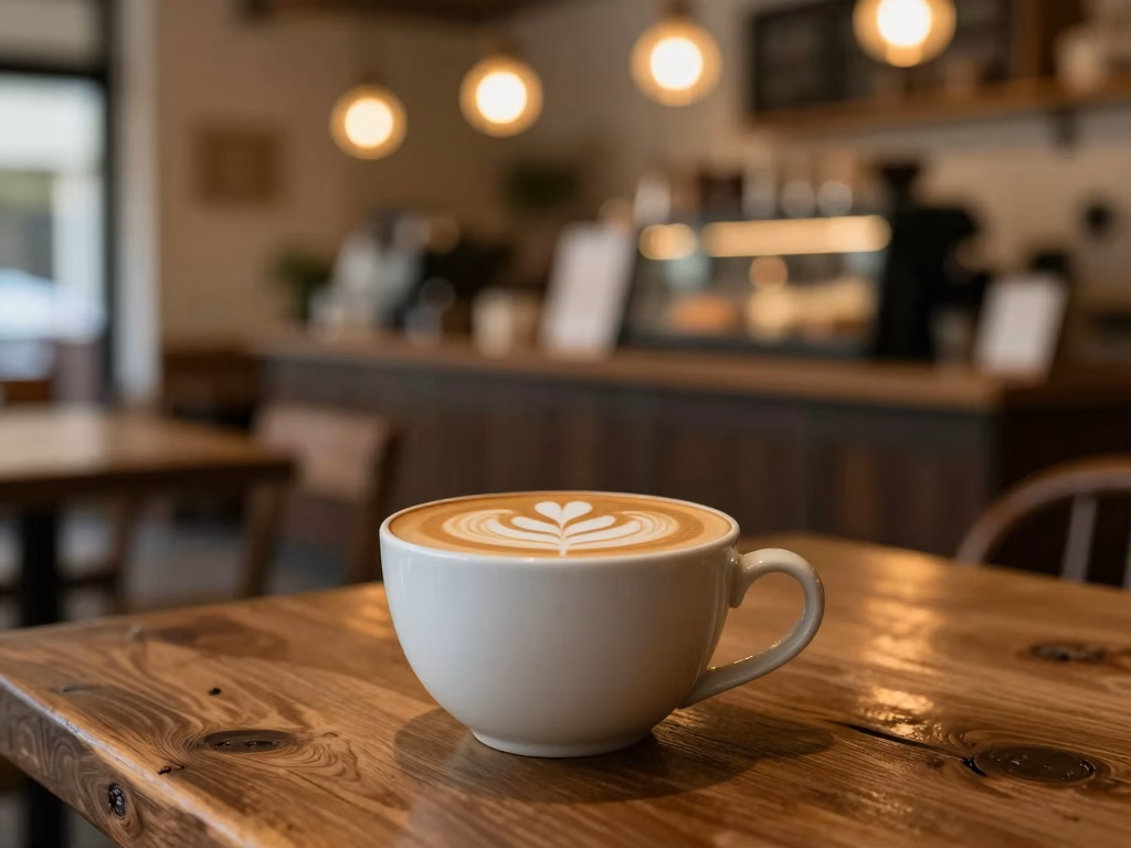 Smartphone affichant un site one page élégant posé sur une table de café