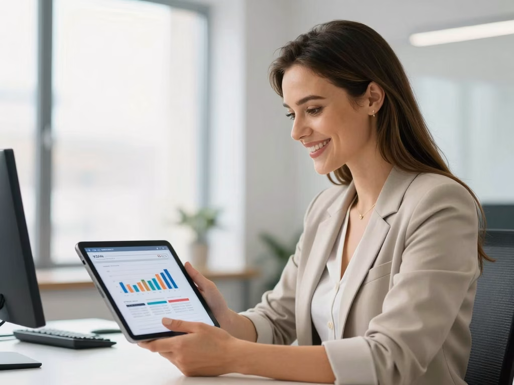 Entrepreneuse consultant les performances de son site vitrine sur tablette