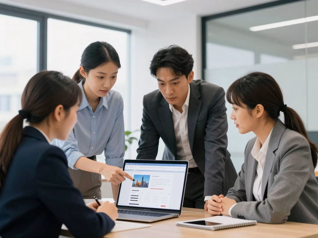 Équipe professionnelle analysant un site web sur ordinateur portable