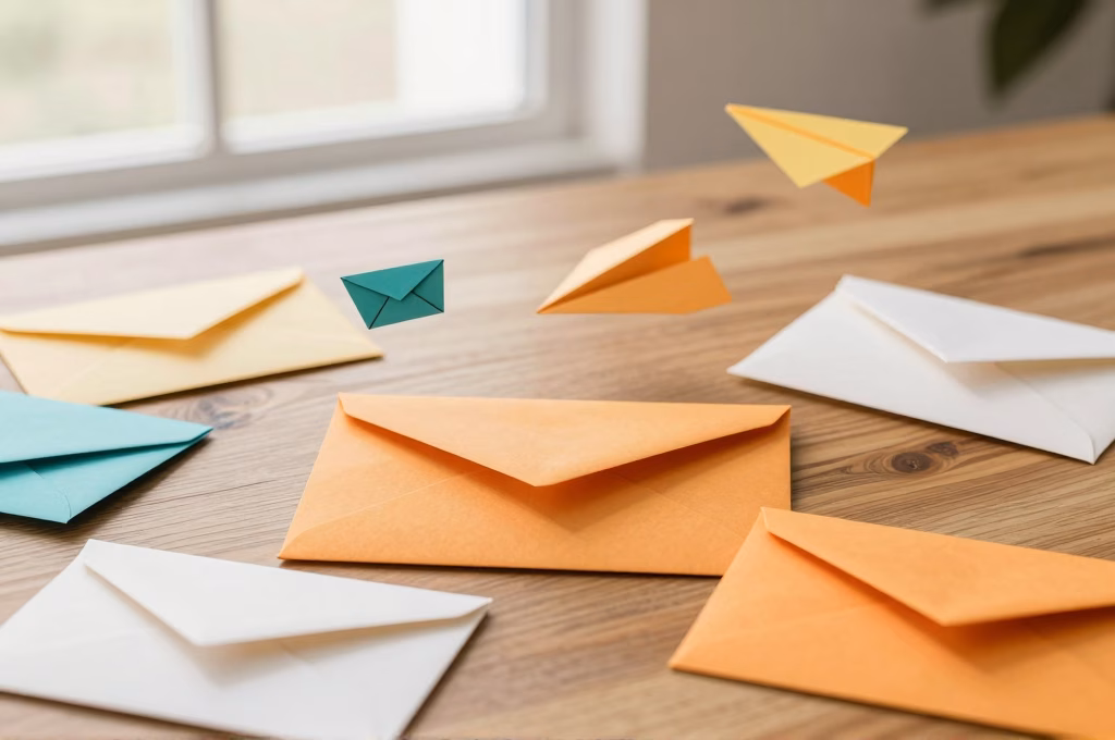 Espace de travail avec enveloppes et avions en papier symbolisant une campagne d'email marketing