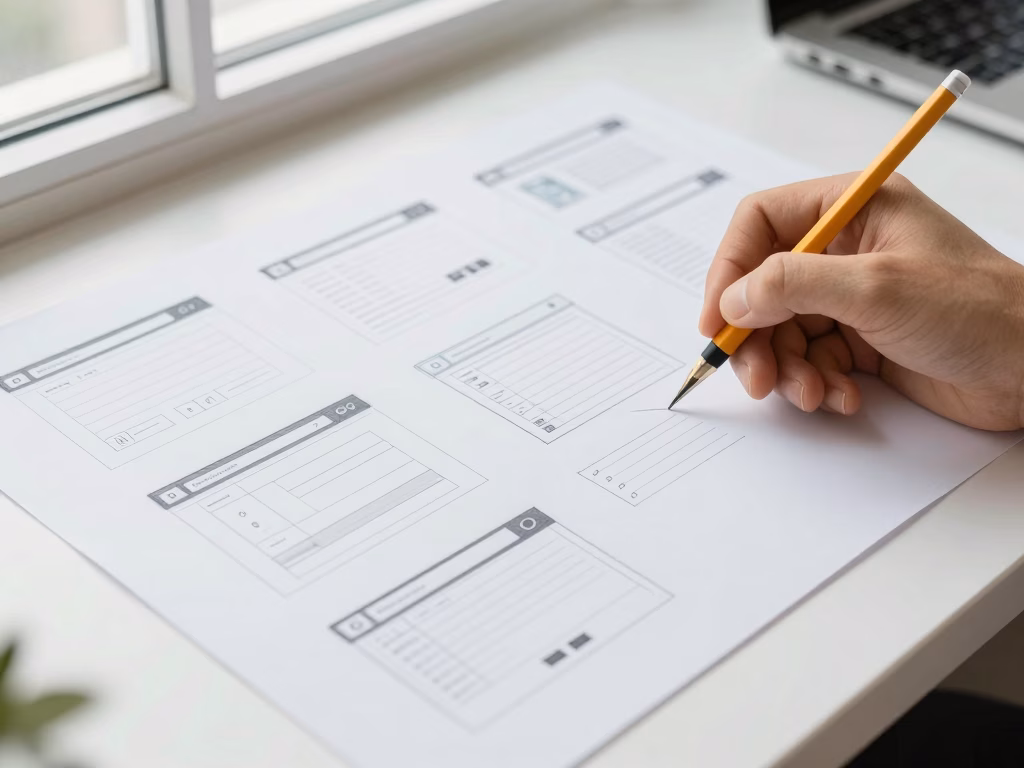 Designer UX esquissant des wireframes sur papier pour un site web