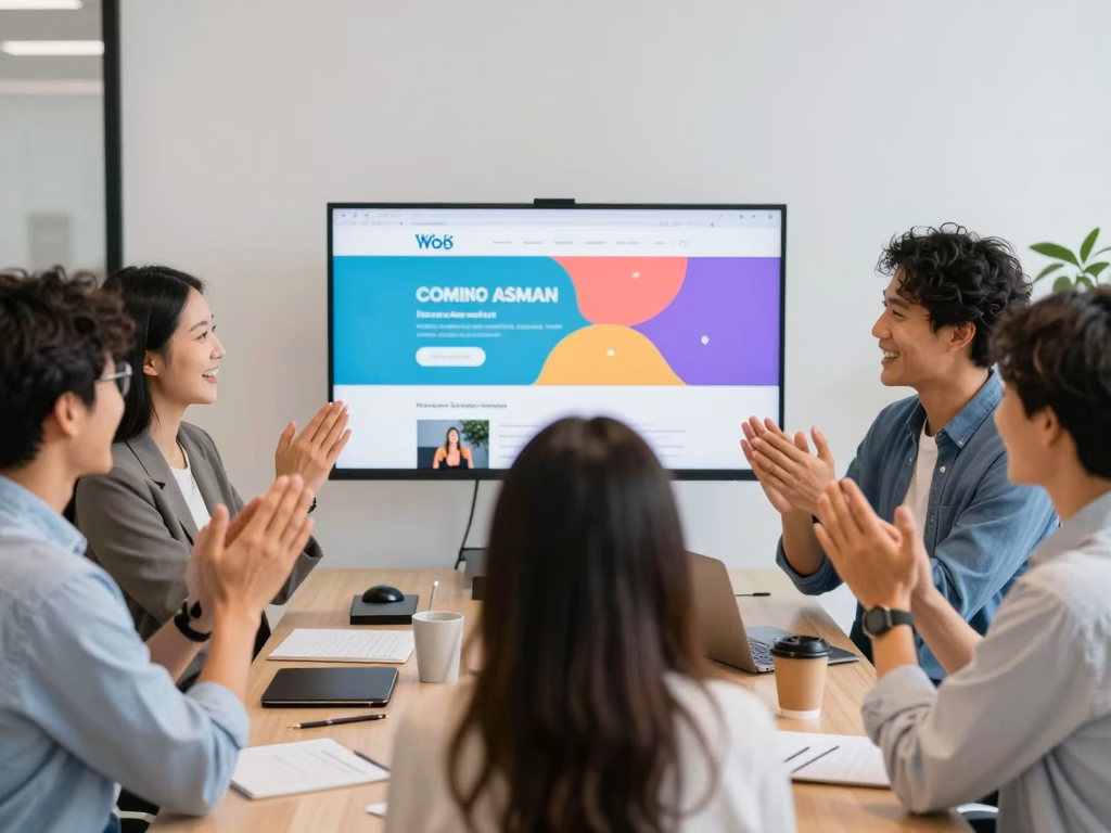 Équipe célébrant le lancement d'un site web sur grand écran dans un bureau moderne