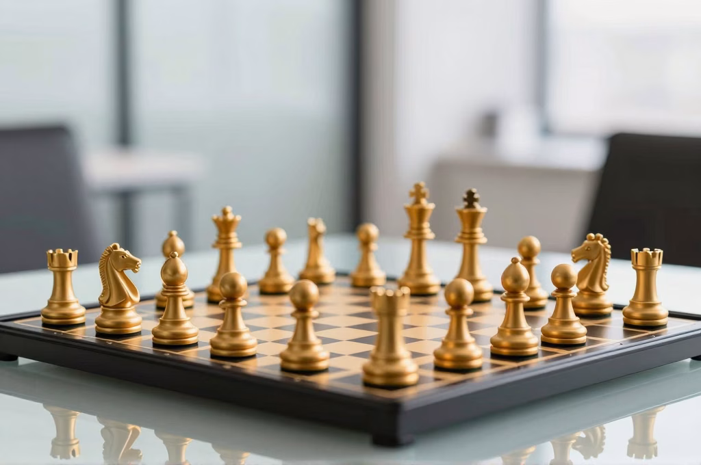 Pieces d'echecs disposees en formation strategique sur un bureau, metaphore de la structure de campagne Google Ads