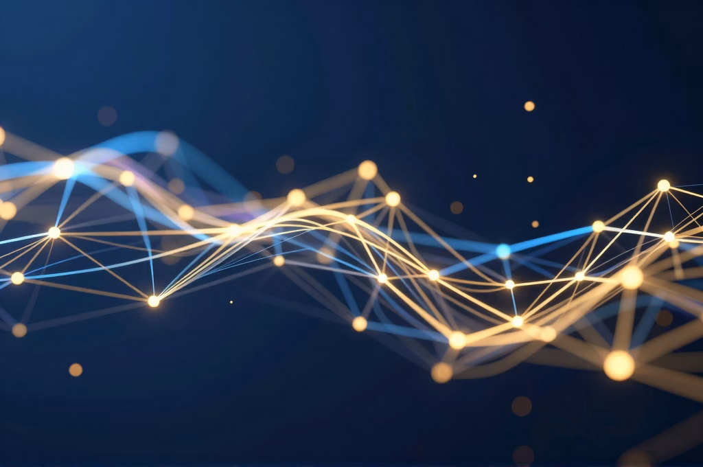 Visualisation abstraite de reseau neuronal avec particules lumineuses et noeuds interconnectes pour le SEO par IA
