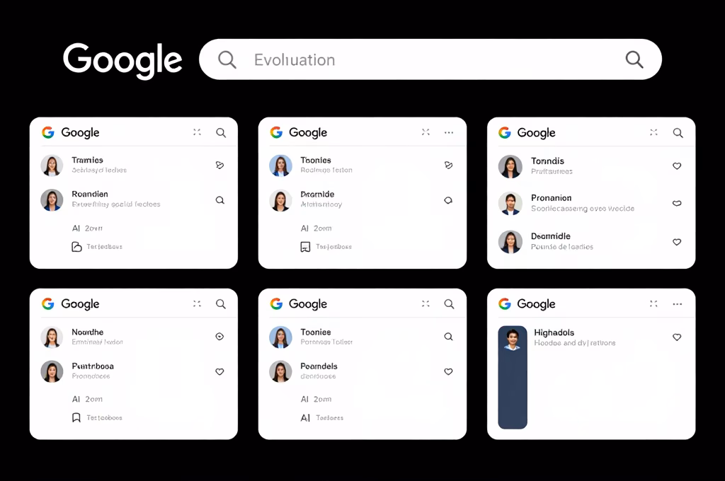 Évolution de la recherche Google avec panneaux AI Overview futuristes