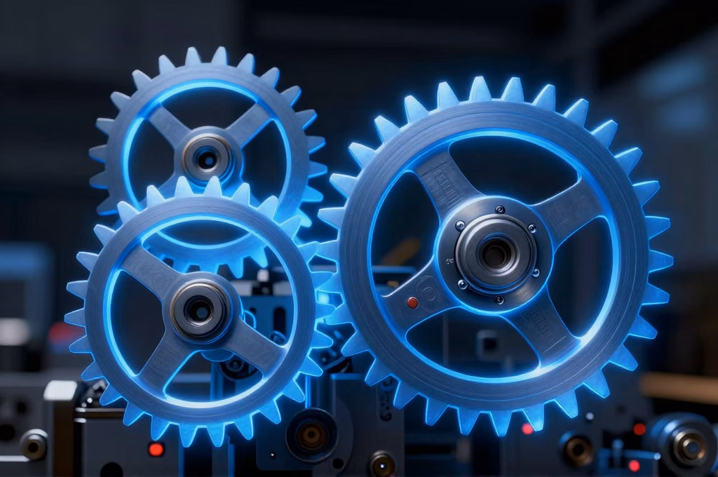 Engrenages lumineux symbolisant l'optimisation SEO automatisee par intelligence artificielle