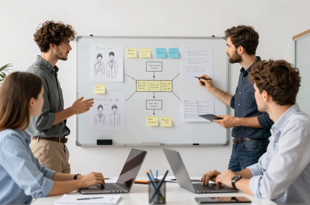 Équipe marketing collaborant autour d'une stratégie inbound marketing avec tableaux blancs et diagrammes de funnel