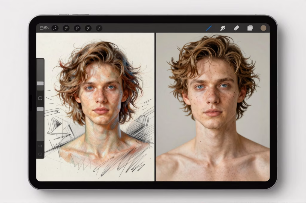 Espace de travail créatif avec une tablette numérique affichant des images générées par IA à côté de croquis traditionnels