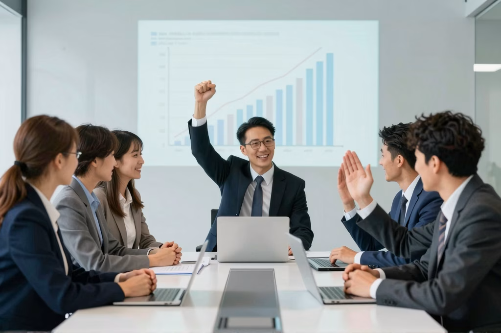 Équipe professionnelle célébrant le retour sur investissement d'une maintenance web réussie
