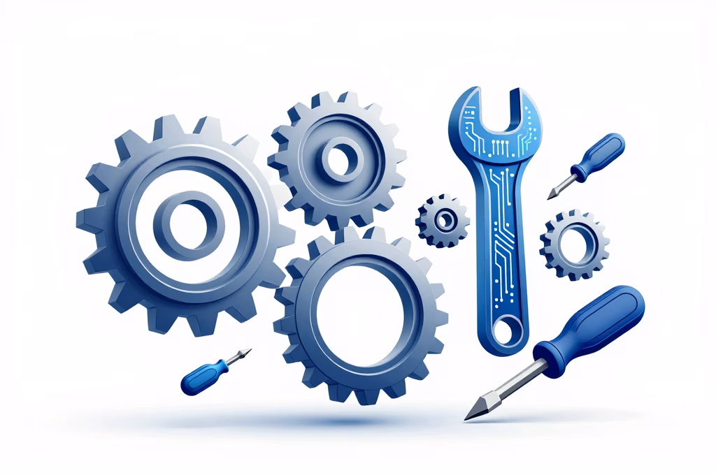 Outils de maintenance web stylisés intégrant engrenages et éléments numériques