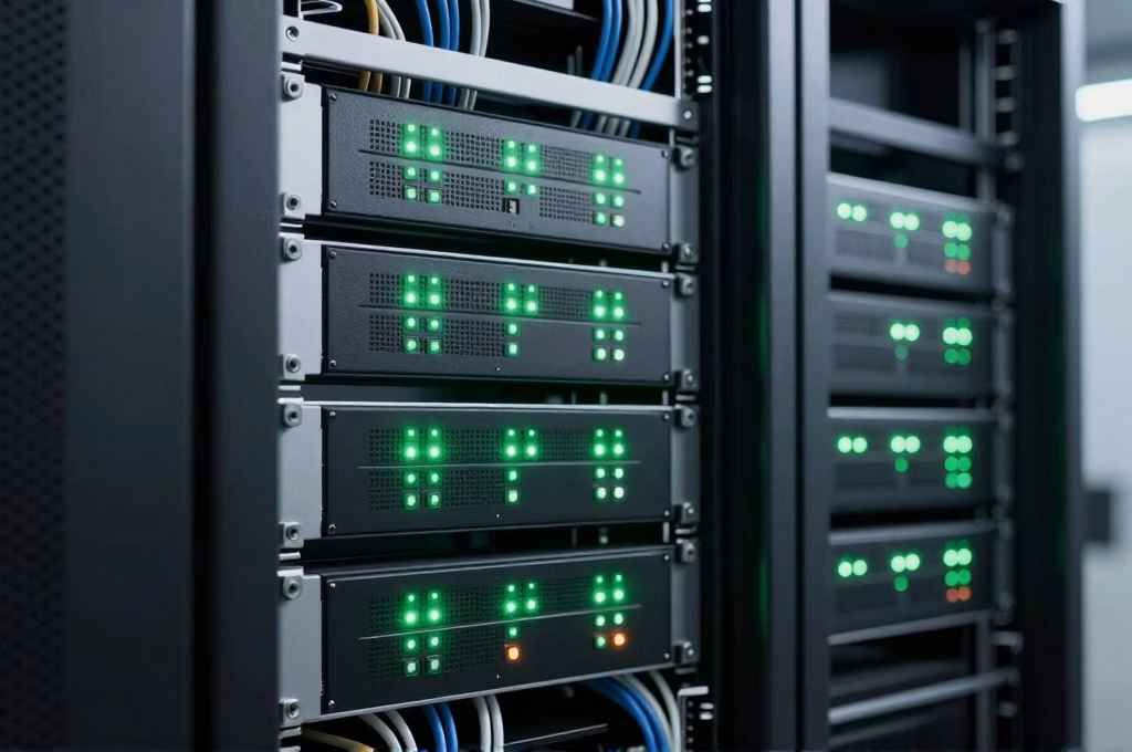 Rack serveur professionnel avec voyants verts lumineux, équipement technique sécurisé et performant