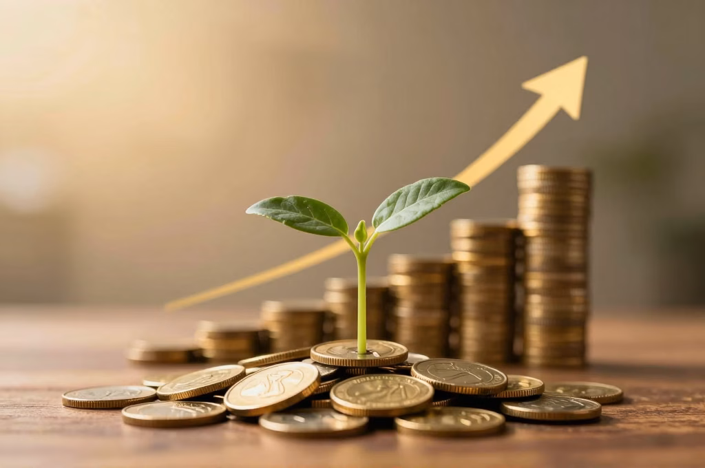 Plante poussant depuis des pièces de monnaie symbolisant le retour sur investissement d'un site web