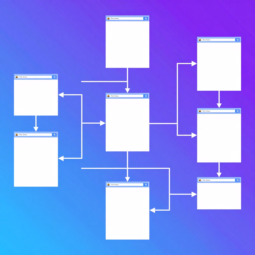 Visualisation abstraite d'une architecture de site web avec des pages interconnectées