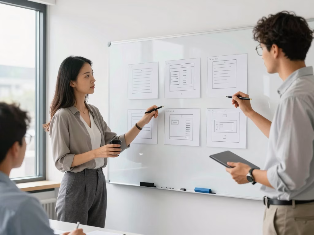 Équipe de développeurs web collaborant sur un projet de site sur mesure dans un bureau moderne