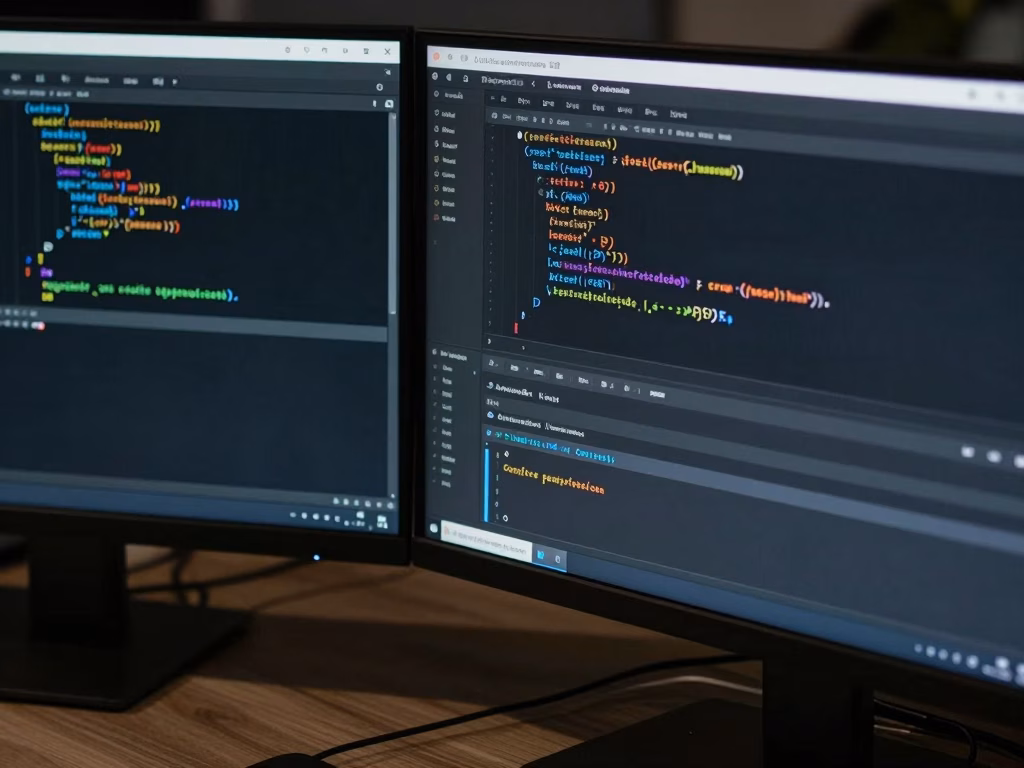 Écran de code avec développement de site web personnalisé sur double moniteur