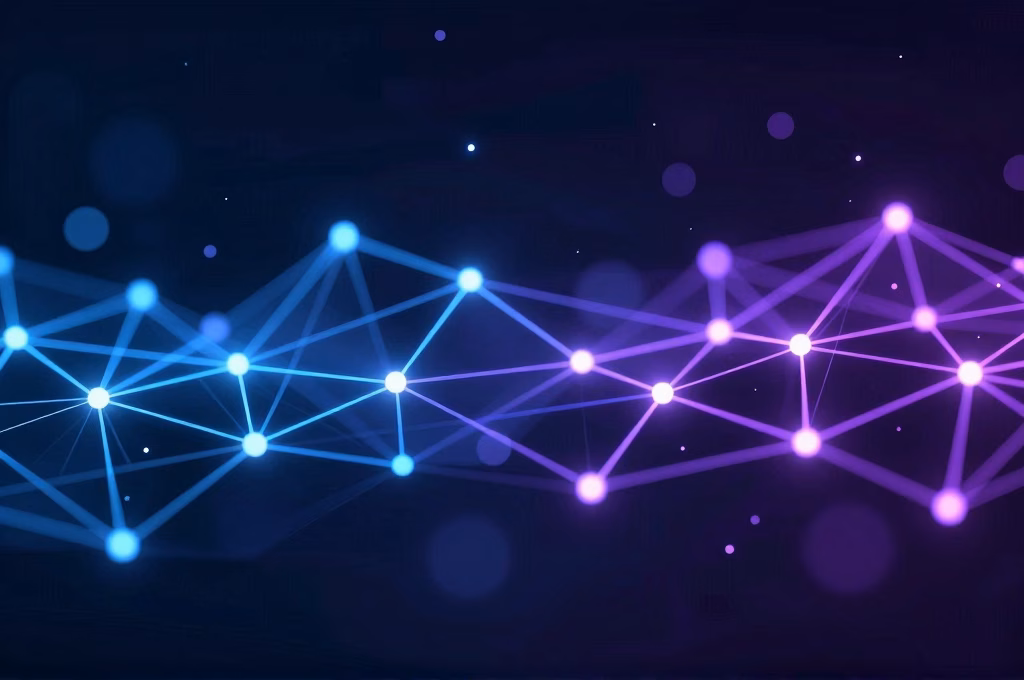 Reseau technologique abstrait avec noeuds lumineux interconnectes symbolisant un site web sur mesure