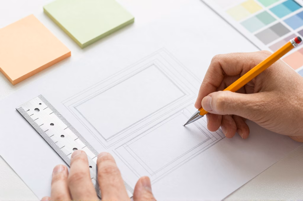 Mains dessinant un wireframe de site web sur papier avec crayon et regle lors de la phase de conception