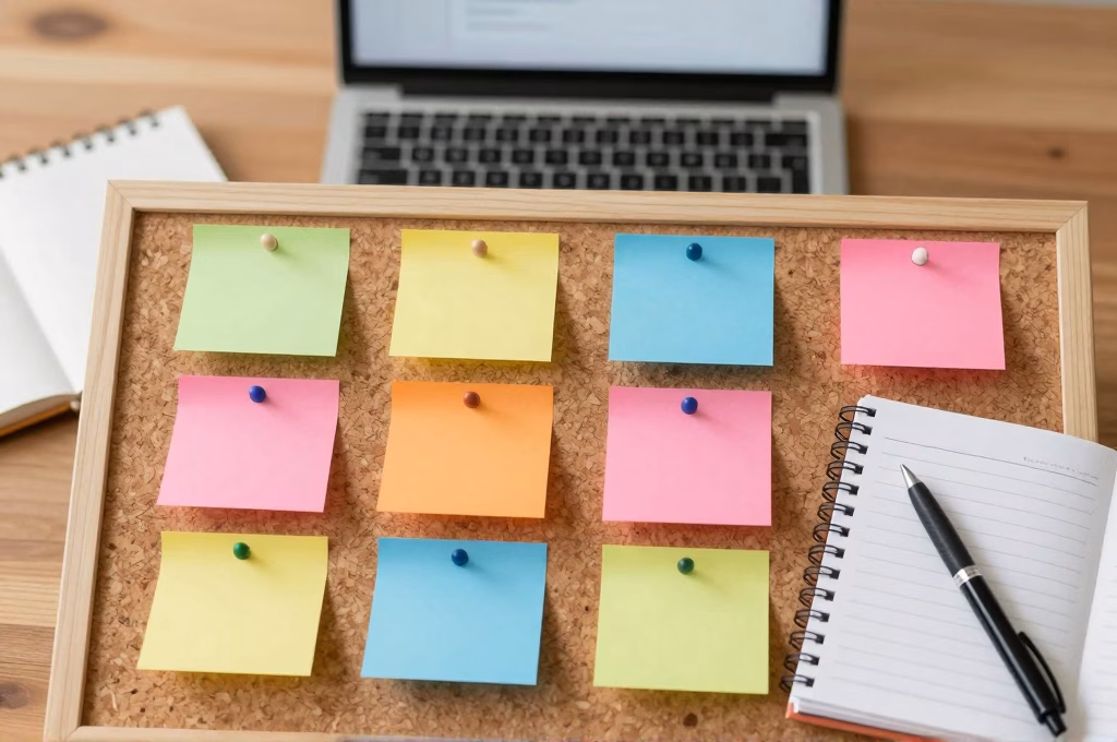 Espace de travail creatif avec post-it colores pour planifier une strategie de contenu web